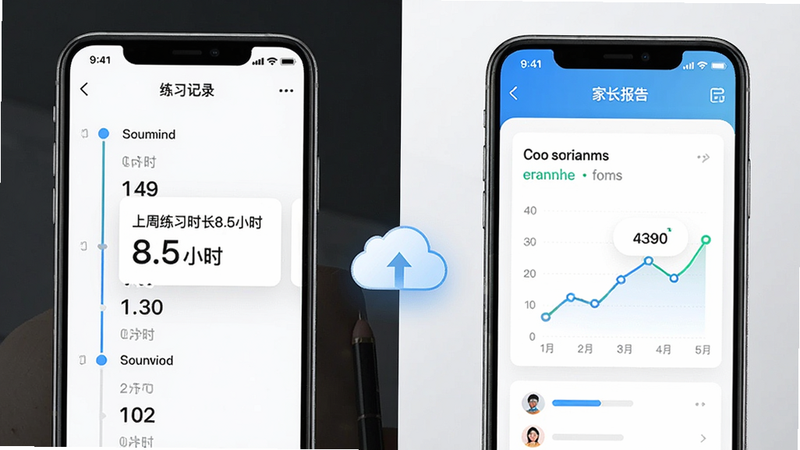 主体是两张手机屏幕并排展示,左屏显示练习记录时间线,右屏显示家长端的报告图表,中间有云同步图标。布局左右对比,风格为商务简约,细节包括“上周练习时长8.5小时”的文字卡片和折线图,画质干净无多余元素。