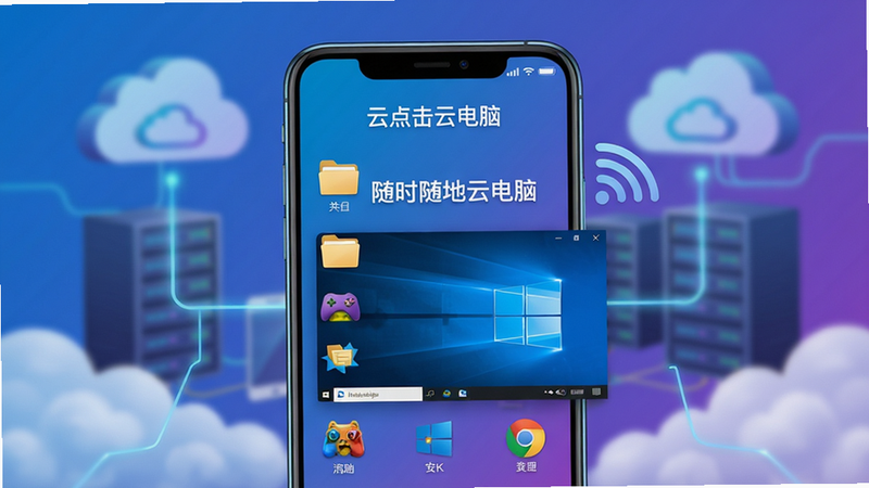 主体:一部安卓手机屏幕上显示“云点击云电脑”应用界面,背景是云端服务器与手机信号连接图标;布局:手机居中,界面浮窗显示虚拟Windows桌面图标,上方有“随时随地云电脑”文字;排版:简洁,手机占比60%,背景虚化云朵;风格:科技感,蓝紫色渐变,发光线条;细节:手机屏幕内图标清晰,包括文件夹、游戏、浏览器;画质:8K超清,干净,无多余元素。