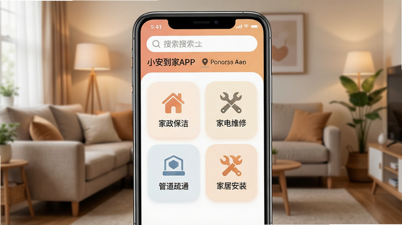 一张展示小安到家APP主界面的高清截图,背景为温馨的家庭客厅,手机屏幕中央显示服务分类图标:家政保洁、家电维修、管道疏通、家居安装等,界面采用圆角卡片设计,色彩柔和以暖色调为主,顶部有搜索框和定位信息,整体风格简洁现代,画质清晰干净,无多余元素