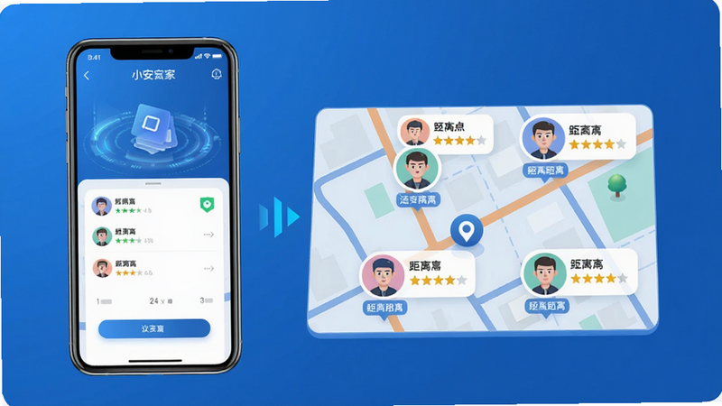 一张展示小安到家智能派单流程的示意图,手机界面显示订单派发动画,地图上标注了三个师傅头像和距离,师傅头像旁边有评分星星,背景为简洁的科技感蓝色,布局居中,画质高清干净,无多余元素