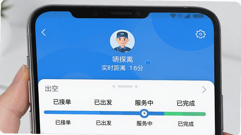 一张展示小安到家服务进度追踪的手机截图,屏幕上半部分显示师傅头像和实时距离,下半部分为服务进度条分“已接单、已出发、服务中、已完成”四个阶段,当前处于“服务中”状态,界面简洁,色彩为蓝色和白色,画质清晰干净
