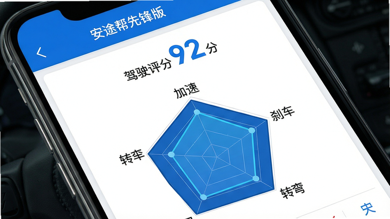 一张手机界面截图,展示“安途帮先锋版”的驾驶行为分析报告,顶部标题“驾驶评分”92分,下方有雷达图显示加速、刹车、转弯等指标,风格数据可视化,色彩蓝白搭配,画质高清,干净无多余元素。