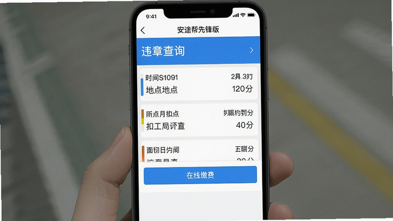 一张手机界面截图,展示“安途帮先锋版”的违章查询页面,顶部有“违章查询”字样,下方列表显示三条违章记录,每条有时间、地点、扣分和罚款,最后一行有“在线缴费”按钮,布局列表式,风格简洁,色彩白底蓝字,画质清晰,干净无多余元素。