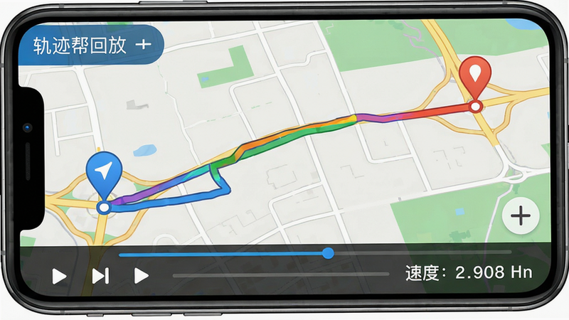 一张手机界面截图,展示“安途帮先锋版”的行车轨迹回放功能,地图上显示一条彩色路线,起点和终点有标记,底部有播放控制条和速度显示,左上角有“轨迹回放”文字,风格地图导航样式,色彩鲜艳,画质高清,干净无多余元素。