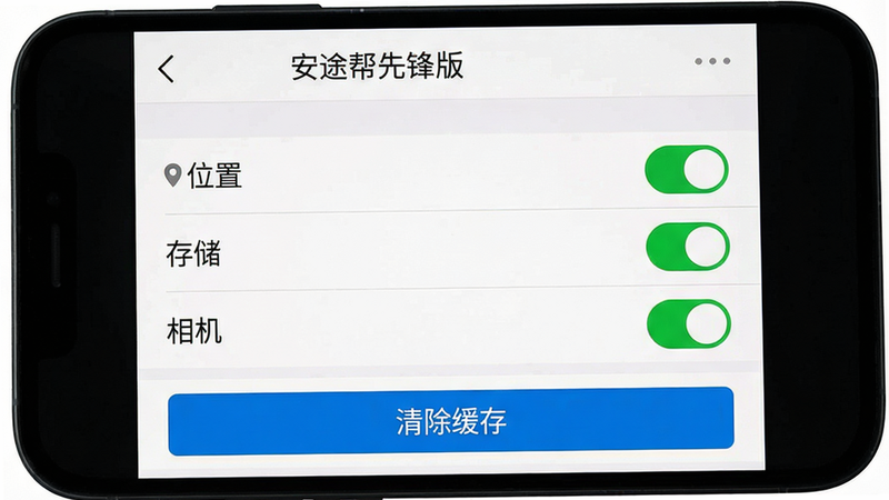 一张手机界面截图,展示“安途帮先锋版”的设置页面,显示权限管理列表,包括“位置”、“存储”、“相机”均已开启,底部有“清除缓存”按钮,布局设置列表风格,色彩白底黑字,画质清晰,干净无多余元素。