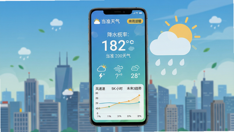 主体:一部安卓手机屏幕展示当准天气主界面,背景为城市远景天气实况动画,布局:手机居中、界面清晰显示温度、降水概率、风速及未来3小时趋势图,排版:信息层级分明,主温度数字突出,下方小字为详细参数,风格:扁平化UI设计,色彩明亮清新,细节:界面中可见“当准天气”Logo和“降雨提醒”标签,画质:4K高分辨率,干净无多余元素