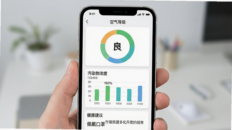 主体:手机界面展示空气质量详情页,布局:顶部为空气等级环状图,中部为各项污染物浓度柱状图,底部为健康建议文字,排版:数据可视化清晰,风格:简洁卡片式设计,细节:环状图中央显示“良”字,建议文字包含“佩戴口罩”,画质:干净锐利,无多余元素