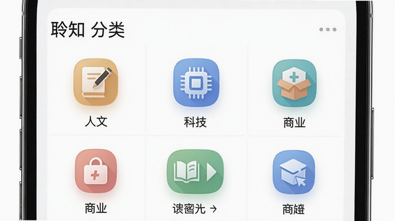 展示聆知APP的知识分类页面,主体为手机屏幕,布局采用网格排列,每个分类图标配文字,风格清新简洁,细节包括分类图标如“人文”、“科技”、“商业”等,画质清晰干净,图片中显示文字“聆知 分类”