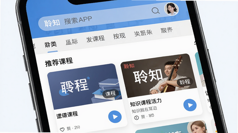 生成一张展示聆知APP主界面的图片,主体为手机屏幕显示聆知首页,布局为上下结构,顶部有搜索栏和分类标签,中间是推荐课程卡片列表,风格为现代扁平化,细节包括课程封面图、标题和播放按钮,画质高清干净,无多余元素,图片中显示文字“聆知”和“知识就在耳边”