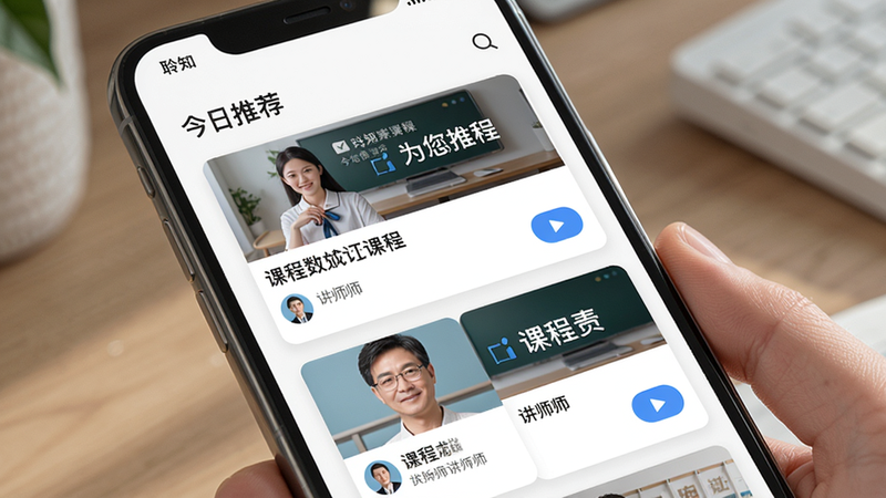 展示聆知APP的推荐页面,主体为手机屏幕,布局为上下滑动列表,顶部有“今日推荐”标题,下方为课程卡片,风格为卡片式设计,细节包括课程封面、标题、讲师头像和播放按钮,画质高清,图片中显示文字“为您推荐”和“聆知”