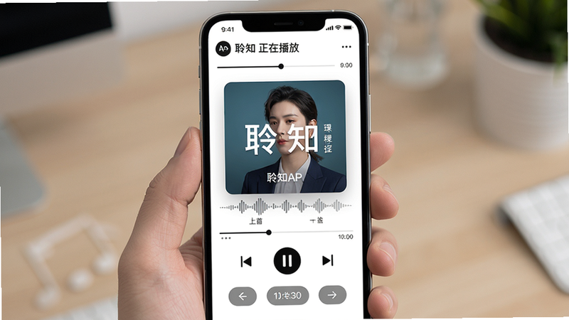 生成一张展示聆知APP播放界面的图片,主体为手机屏幕,布局为播放器界面,顶部有课程标题和进度条,中间是封面图,下方有播放/暂停、上一首、下一首按钮和倍速选择,风格现代简洁,细节包括封面图、波形图、时间显示,画质高清,图片中显示文字“聆知 正在播放”