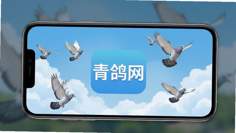 青鸽网APP主界面展示,手机屏幕中央显示“青鸽网”品牌logo,背景为蓝天白云与飞翔的鸽子,界面采用现代扁平化设计,色彩清新柔和,布局干净整洁,无多余元素,画质高清通透