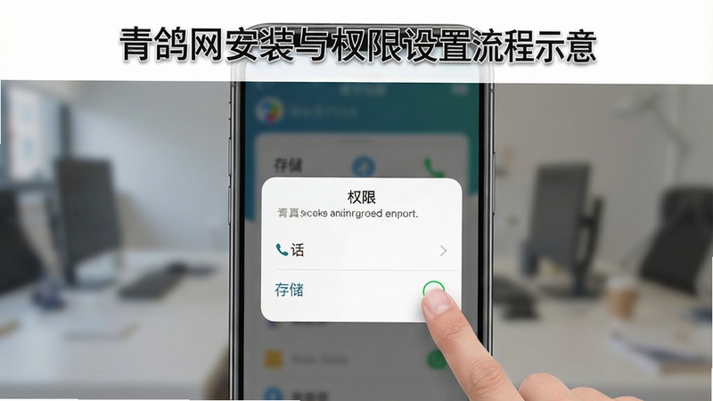 青鸽网安装与权限设置流程示意,手机屏幕显示应用权限请求弹窗,列表中有“存储”、“电话”等选项,用户手指点选“存储”,背景模糊处理,界面简洁明了,指示清晰,画质高清干净