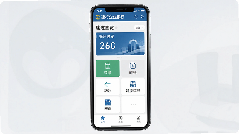 建行企业银行App主界面截图,展示账户总览、转账、对账等功能入口,蓝色商务风格,手机屏幕居中,高清画质,干净无多余元素,软件名称为“建行企业银行”