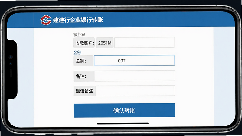 建行企业银行转账操作界面,显示收款账户、金额、备注等输入框,底部有确认转账按钮,蓝色主题,手机屏幕横屏模拟,高清画质,干净无多余元素