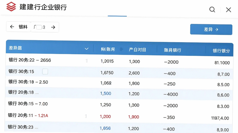 建行企业银行对账界面截图,显示银行流水与账目对比列表,有差异标注按钮,蓝色主题,手机竖屏,高清画质,干净无多余元素