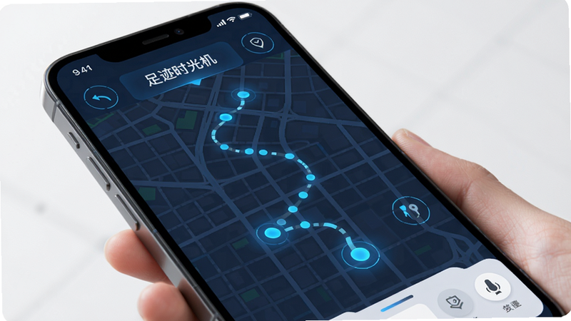 智能足迹记录功能演示图,手机屏幕显示实时轨迹绘制,一个蓝色小点沿街道移动,轨迹线逐渐显现,背景为地图网格,风格科技感,画质清晰,文字标注“足迹时光机”。