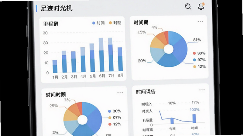 数据统计界面,手机屏幕显示柱状图、饼图等统计图表,展示里程、时间等数据,背景为浅色,风格商务简洁,画质清晰,标注“足迹时光机”。