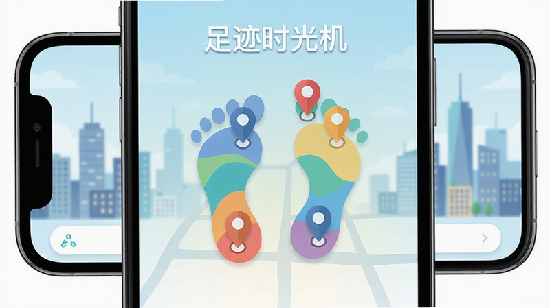 足迹时光机应用主界面预览图,手机屏幕上显示一张色彩斑斓的足迹地图,标注了多个地点标记,背景为城市天际线,整体风格清新简约,画质高清,干净无多余元素,突出软件名称“足迹时光机”。