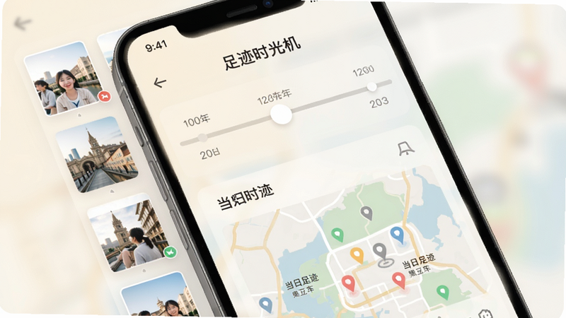 时光回溯视图界面,手机屏幕显示时间轴滑块,下方对应日期显示当日足迹地图,左侧有照片缩略图,风格简约,色彩柔和,画质细腻,包含“足迹时光机”字样。