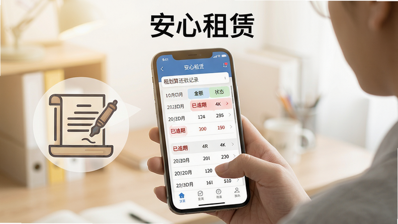 主体:一个人正在手机APP上查看租划算还款记录与账单明细,旁边显示法律条文图标。布局:手机屏幕居中,背景模糊处理,上方有“安心租赁”字样。排版:账单明细用列表展示,红色标注“已逾期”字段。风格:法律科普、柔和光线。细节:表格中有日期、金额、状态栏位。画质:4K干净无多余元素。