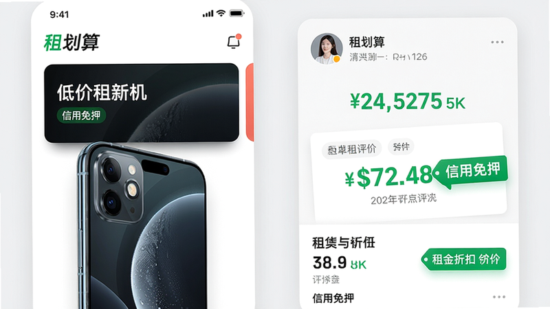主体:租划算APP界面截图,展示一台高端智能手机与租赁订单详情页。布局:左侧为APP首页卡片式设计,右侧展示用户评价与租金折扣标签,背景为浅灰色。排版:文字标签“租划算”“低价租新机”“信用免押”清晰可见。风格:现代简约、科技感、干净明亮。细节:租金数字用绿色加粗,手机图片有反光质感。画质:超清4K,干净无多余元素。