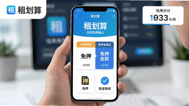 主体:用户手持新手机,背景是“租划算”信用免押确认页面。布局:中间为信用额度与免押金额对比图,下方列出“免押”、“极速审核”图标。排版:左上角“租划算”logo,右上角信用分展示。风格:商业宣传风、明亮干净。细节:手机屏幕显示租赁成功字样。画质:超高清、无杂乱元素。