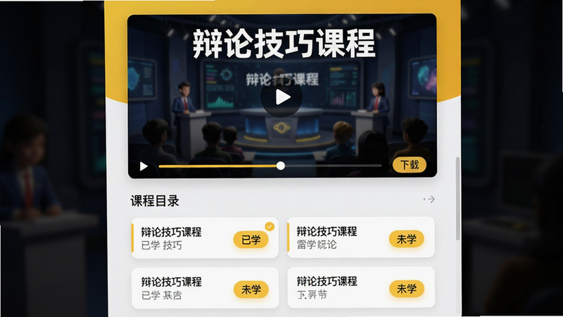 主体:辩论星球“技巧课程”页面。布局:上方为视频播放窗口,下方为课程目录列表,目录条目带有“已学”“未学”状态标记。排版:视频窗口采用16:9比例,下方列表为卡片式。风格:教育类app风格,黄色点缀,细节包括播放进度条和下载按钮。画质:清晰,无模糊。文字“辩论技巧课程”位于播放窗口上方。