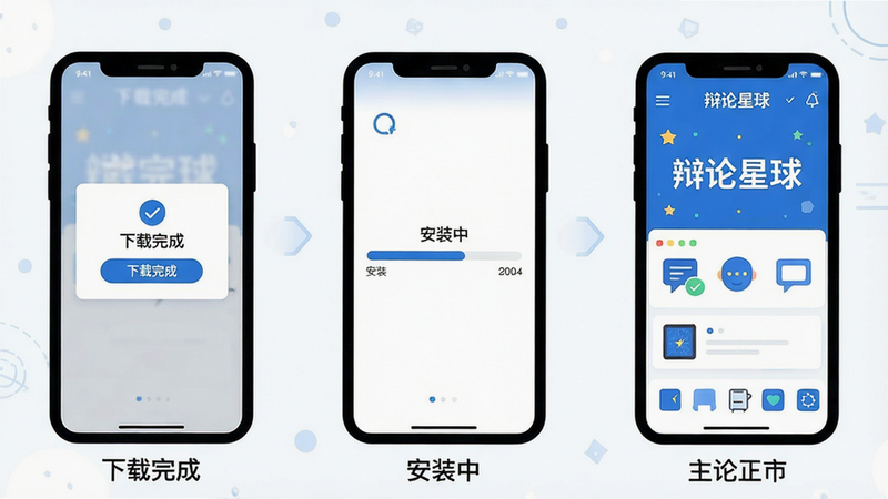 主体:辩论星球安装与使用步骤示意图。布局:从左到右三幅小图:第一幅手机显示“下载完成”提示,第二幅手机显示“安装中”进度条,第三幅手机显示主界面。排版:水平排列,每幅图下方有简短文字说明(不包含在图片内)。风格:简约扁平插画风格,蓝色和白色为主,细节包括状态栏图标。画质:高清干净,无多余元素。文字“辩论星球”出现在第三幅图界面上。
