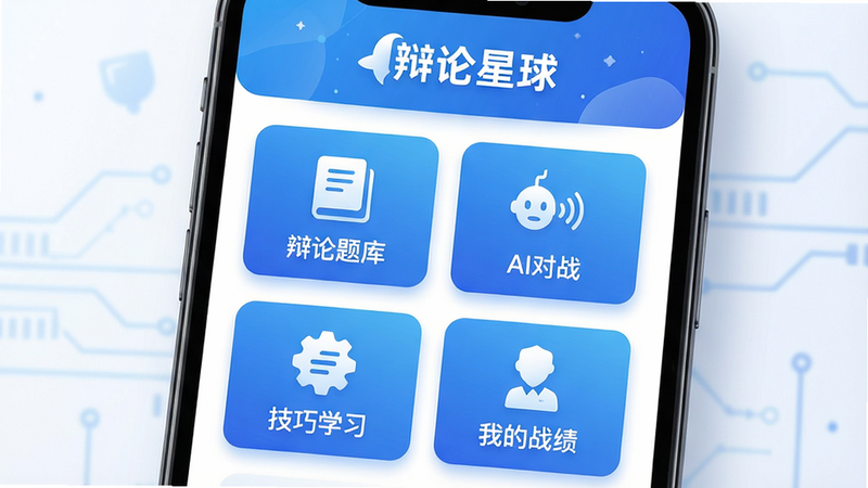 主体:辩论星球app主界面,手机屏幕展示辩论训练模块。布局:顶部居中显示“辩论星球”logo,下方排列四个卡片图标:“辩论题库”、“AI对战”、“技巧学习”、“我的战绩”。排版:卡片式布局,蓝色渐变背景,图标为白色简约风格。风格:扁平化UI,科技感蓝白色调,细节圆角卡片带轻微阴影。画质:高清细腻,色彩通透,无多余元素,文字“辩论星球”清晰可见。