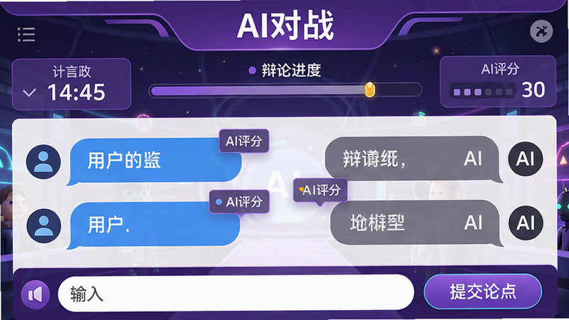 主体:辩论星球AI对战界面。布局:分上下两区,上区为计时器和辩论进度条,下区为对话气泡,左侧用户发言为蓝色气泡,右侧AI发言为灰色气泡,底部有输入框和“提交论点”按钮。排版:左右对称,气泡带圆角,时间显示清晰。风格:即时通讯风格,紫色主色调点缀,细节有“AI评分”浮动窗口。画质:高分辨率,无噪点,界面元素协调。文字“AI对战”出现在顶部。