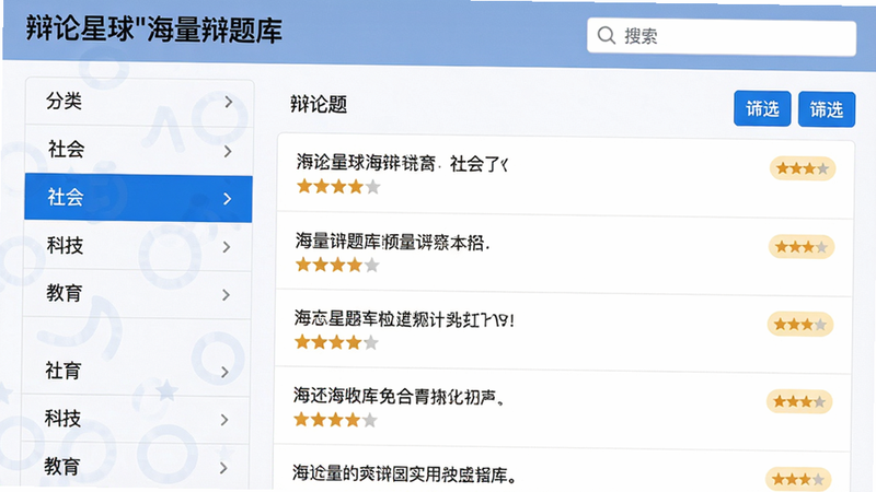 主体:辩论星球“海量辩题库”页面截图。布局:左侧是分类列表(社会、科技、教育等),右侧显示具体辩题列表,每条辩题带有难度星级标签。排版:列表式布局,白色背景,蓝色高亮选中项。风格:清晰简洁,文字易读,细节包括搜索框和筛选按钮。画质:锐利,无多余装饰,干净整洁。