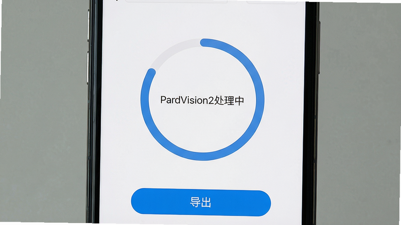 主体:手机界面显示PardVision2处理进度条,布局:中央圆形进度指示,底部有“导出”按钮,排版:简洁,细节:进度条上有“PardVision2处理中”文字,画质:高清,干净无多余元素