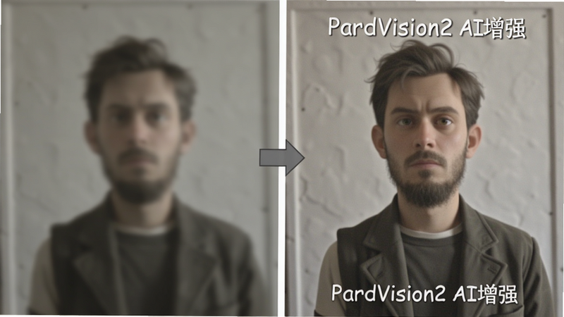 主体:一张模糊的老照片经过PardVision2处理后的对比图,布局:左侧为原始模糊图像,右侧为清晰增强后的结果,排版:左右对比,中间有箭头指示,细节:图像上标注“PardVision2 AI增强”,画质:高清,干净无多余元素