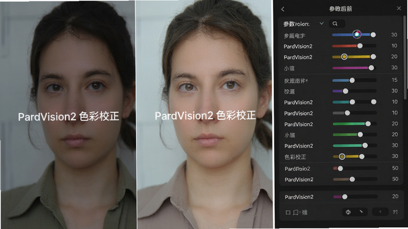 主体:一组色彩调整前后的对比图,布局:左中右三列,左侧原片偏色,中间校正后自然,右侧为参数面板,排版:横向对比,细节:图片上有“PardVision2 色彩校正”水印,画质:高清,干净无多余元素