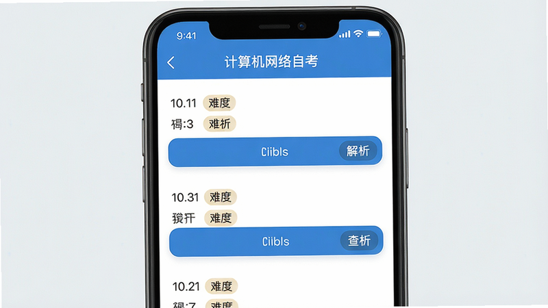 手机屏幕显示“计算机网络自考”真题列表页面,题目列表带有题号、难度标签,点击后可查看解析,界面简约,蓝色主题,高清画质,干净无装饰