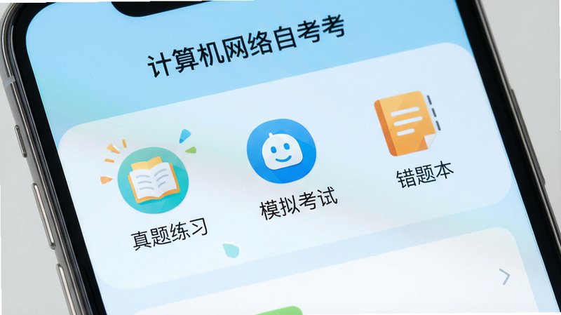 一张手机屏幕特写,显示“计算机网络自考”app主界面,背景为浅蓝色,界面中包含“真题练习”、“模拟考试”、“错题本”等图标,布局整齐,风格清新明快,文字清晰,画质高清,干净无多余元素