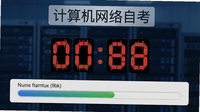 模拟考试界面,显示倒计时、题目进度条,屏幕上方有“计算机网络自考”标识,风格专业严肃,画质高清,无多余元素