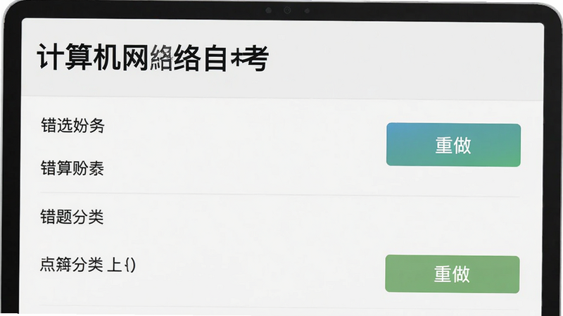 错题本界面截图,显示“计算机网络自考”错题分类,有“重做”按钮,背景浅灰色,字体清晰,布局合理,画质清晰