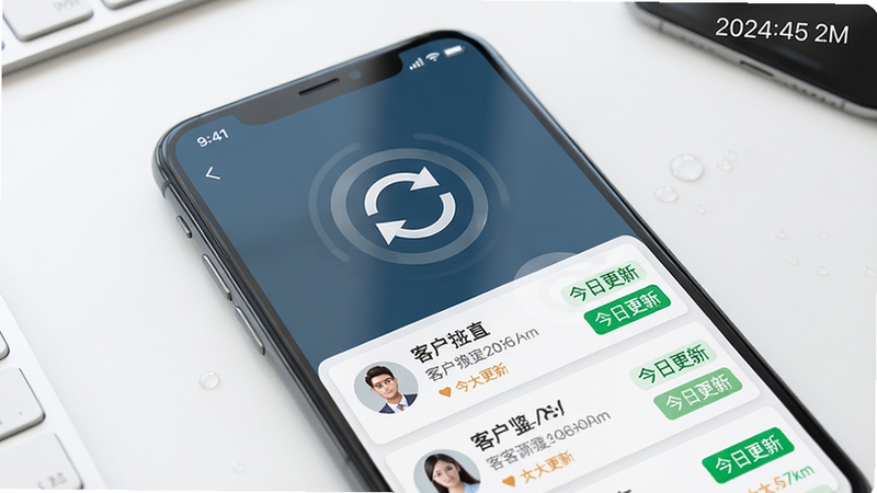 手机屏幕显示精准客源的数据更新页面,中央有一个旋转的刷新图标,下方列有几条客户信息,每条信息旁有“今日更新”绿色标签。背景为简约白色桌面,右上角有日期时间显示。整体风格清新,画质细腻,文字可辨。
