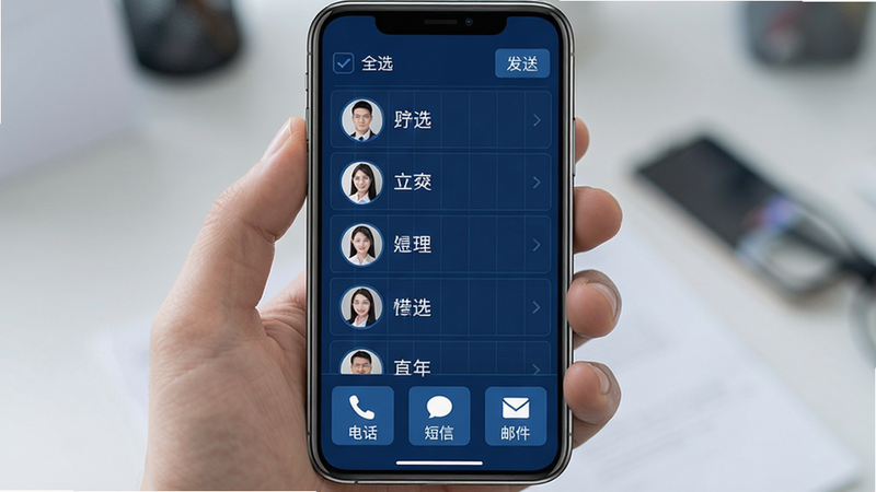 手机屏幕展示精准客源的批量联系界面,底部有“电话”“短信”“邮件”三个图标按钮,上方列表显示多个已选中的客户头像和姓名。右上角有“全选”“发送”按钮。背景为深蓝色商务风格,带网格线条。画质高清,元素清晰。