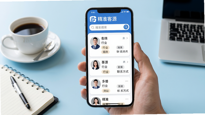 画面中央展示一款手机界面,屏幕中显示“精准客源”App首页,顶部有搜索栏,下方列表展示客户头像、名称、行业标签和联系方式。背景为淡蓝色商务风格,左侧摆放一杯咖啡和笔记本。手机屏幕内容清晰,文字标注“精准客源”Logo。整体布局干净、专业,画质高清,无多余元素。