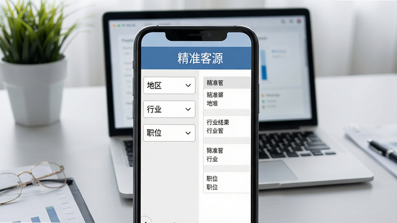 手机屏幕上展示精准客源的筛选界面,左侧有“地区”“行业”“职位”等下拉菜单,右侧显示筛选结果列表。顶部标题栏有“精准客源”字样。背景为浅灰色商务办公桌,配有笔记本电脑和绿植。画质清晰,排版整洁,无多余元素。