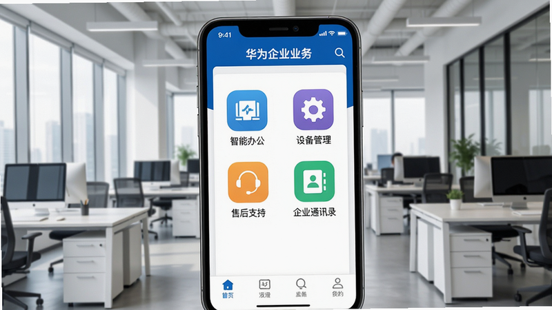 一张展示华为企业业务APP主界面的手机屏幕,背景为现代化开放式办公室,界面顶部有蓝色导航栏和“华为企业业务”Logo,中部排列着“智能办公”、“设备管理”、“售后支持”、“企业通讯录”四个彩色图标,下方有底部选项卡,整体风格简洁商务,蓝白配色,高清画质,干净无多余元素。
