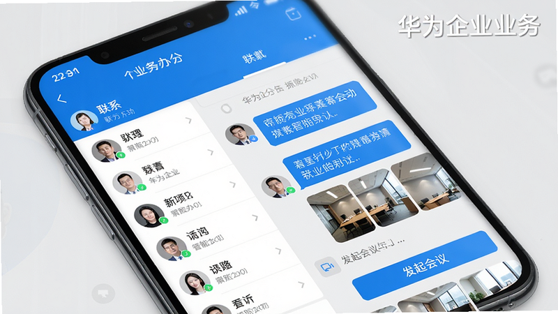 展示华为企业业务APP的智能办公界面,手机屏幕左侧为联系人列表,右侧为打开的群聊窗口,包含文字气泡、图片缩略图以及一个“发起会议”按钮,顶部有“华为企业业务”水印,背景为浅灰色,界面清晰,蓝色主题,高清画质,干净无多余元素。