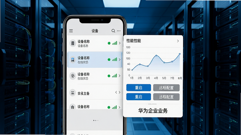展示华为企业业务APP的设备管理界面,手机屏幕中显示一个设备列表,每个条目包含设备名称、在线状态(绿色圆点)、信号强度图标,点击其中一个设备后弹出详细面板,面板内显示性能折线图、控制按钮(重启、远程配置)以及“华为企业业务”标识,背景为机房服务器机柜,科技感风格,蓝黑色调,高清晰度,干净无多余元素。