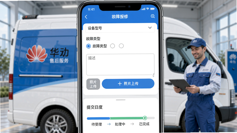 展示华为企业业务APP的售后报修界面,手机屏幕上半部分为故障描述表单,包含设备型号下拉框、故障类型单选按钮、描述文本框、照片上传按钮,下半部分显示提交后的进度条(待受理->处理中->已完成),背景为华为售后服务车和工程师,简洁商务风格,蓝白配色,高清画质。