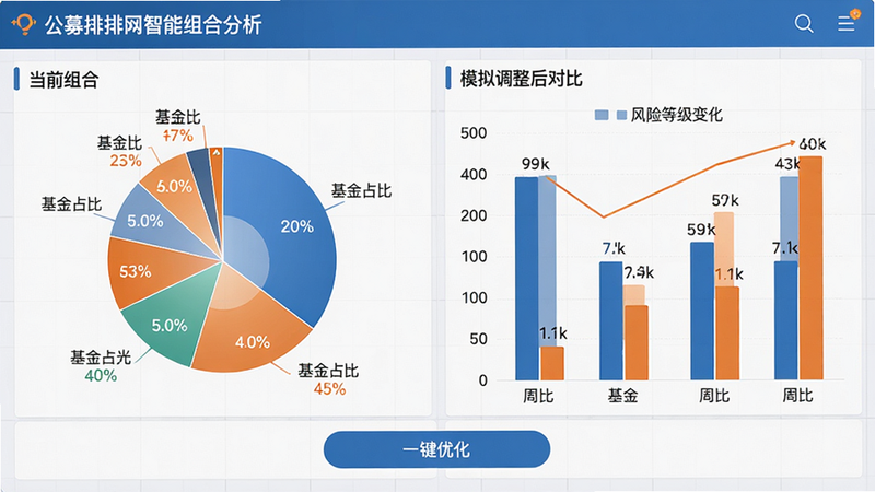 主体:公募排排网智能组合分析界面,左侧为当前组合饼图,右侧为模拟调整后的对比柱状图;布局:双栏对比,下方有“一键优化”按钮;风格:数据看板风格,蓝橙色系;细节:饼图标注各基金占比,柱状图显示风险等级变化;画质:清晰锐利,背景浅灰网格。