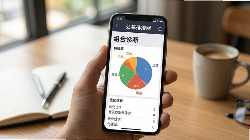 主体:手持手机展示公募排排网的“组合诊断”结果界面,背景为办公桌面,有笔记本和咖啡杯;布局:前景手机屏幕清晰显示饼图和优化建议,背景虚化;风格:生活化场景,自然光,温暖色调;细节:手机屏幕上有“公募排排网”标识,饼图颜色分明;画质:超高清,无冗余元素。