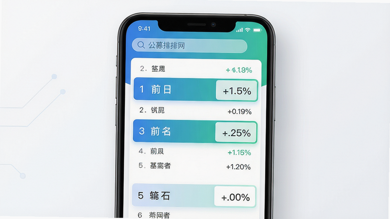 主体:公募排排网App界面,中央展示基金排行榜图表,顶部搜索栏显示“公募排排网”品牌标识;布局:居中对称,背景为简约白,图表配色为蓝绿渐变;风格:金融科技风,扁平化设计,干净无冗余元素;细节:排行榜单行高亮前五名,数据卡片带百分比变化;画质:4K超清,光影柔和,无反光。